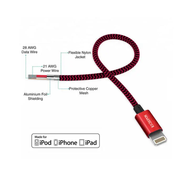 MFI Red and black nylon braided charge and sync cable for iphone, ipod, ipad