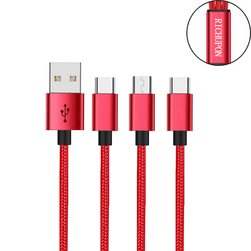 Type C 3 in 1 usb data cable nylon braided multi charging cable suppliers