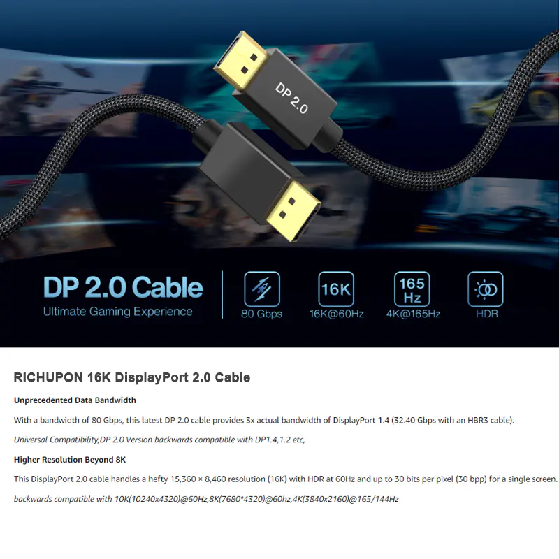 16K DP 2.0 Cable,DisplayPort 2.0 Cable with 80Gbps Bandwidth,Customized Length
